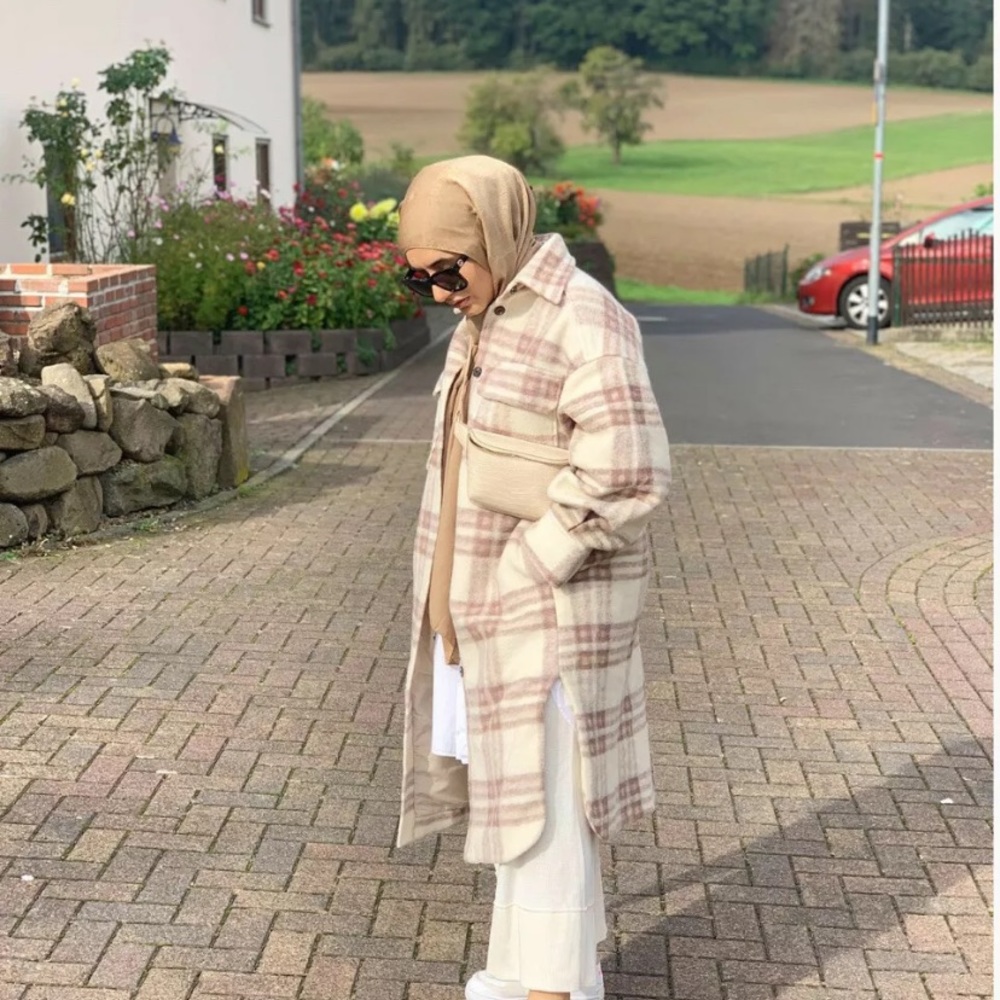 H&M Beige Check Long Shacket Shirt Jacket Coat|M